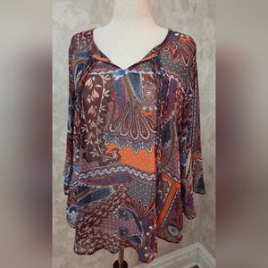 World Unity Boho Paisley Handkerchief Hem Blouse Bell Sleeve Tie Neck Top Size L